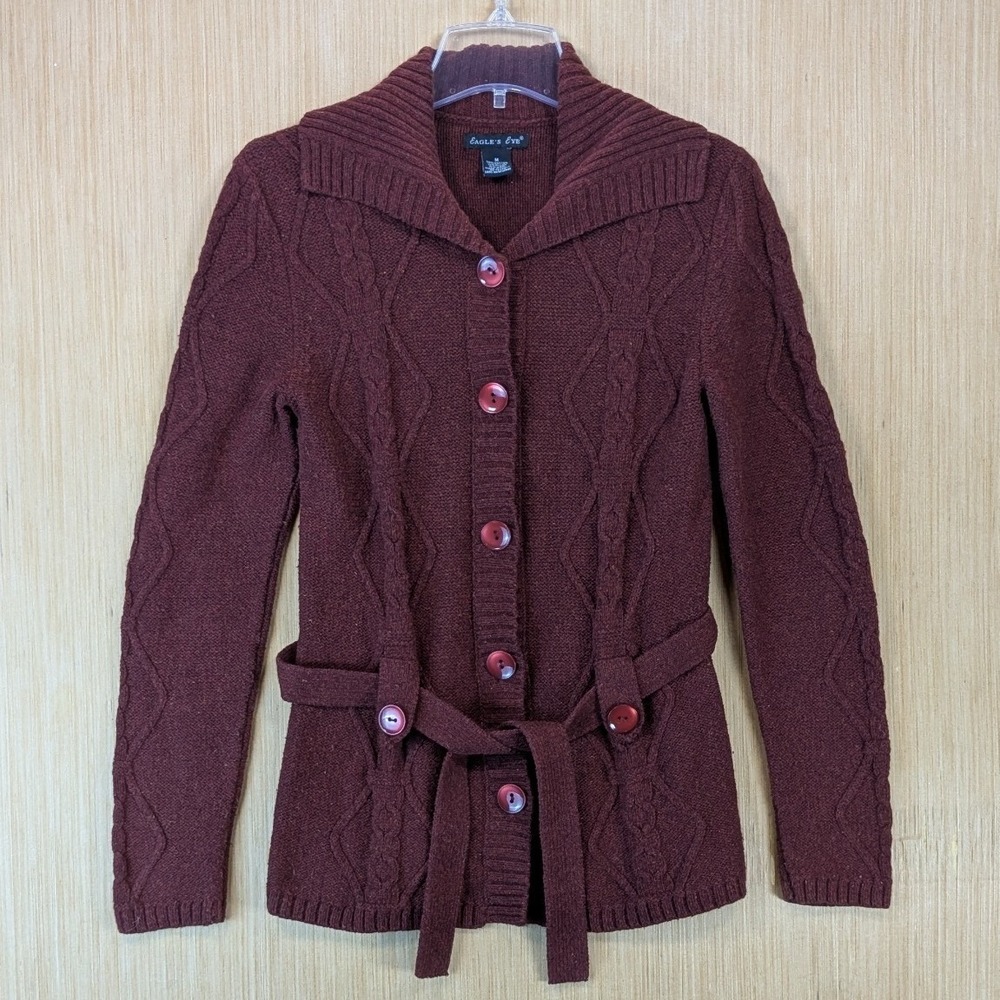 Eagles Eye Womens Vintage 90s Cable Knit Belted Cardigan Sweater Medium Burgundy